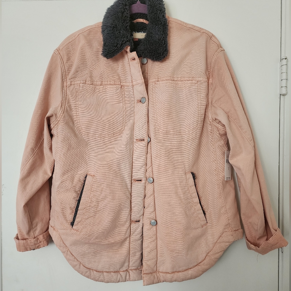 Anthropologie NWT Pilcro Pink Wash Gray Sherpa Utility Jacket Cozy S Shacket Fur - Picture 6 of 8